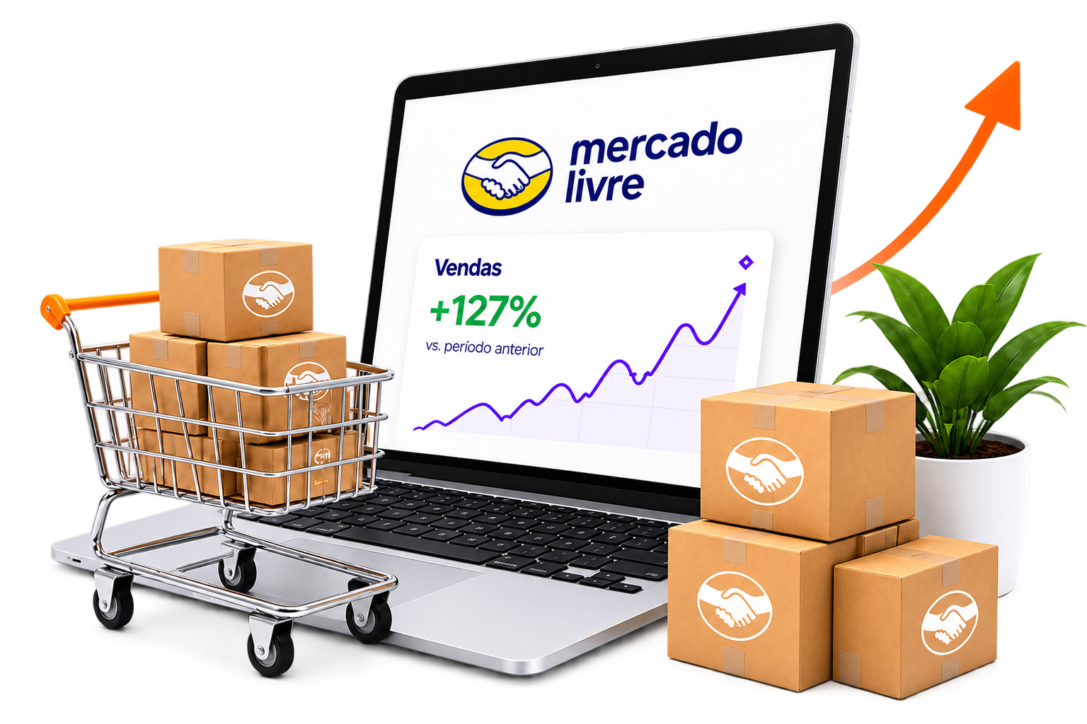 Notebook com indicadores de crescimento, carrinho e caixas de pedidos do Mercado Livre